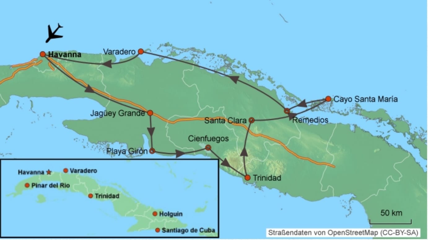 Map showing a loop route through central Cuba